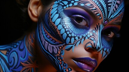 Woman's portrait under UV light wearing neon makeup with an ethnic motif. Posing in UV, the body art design features a painted face and hand, as well as vivid makeup..