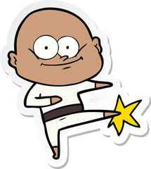 sticker of a cartoon bald man karate kicking