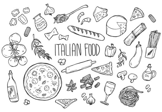 Set of doodles, hand drawn rough simple Italian cuisine food sketches. Isolated on white background