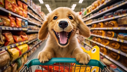 Puppy joyfully shops for pet supplies in a vast superstore. - obrazy, fototapety, plakaty