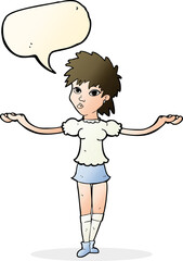 cartoon woman shrugging shoulders with speech bubble
