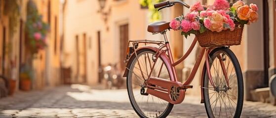 In a European city, a retro bicycle with a basket and flowers .