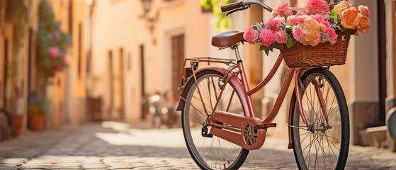  In a European city, a retro bicycle with a basket and flowers . © tongpatong