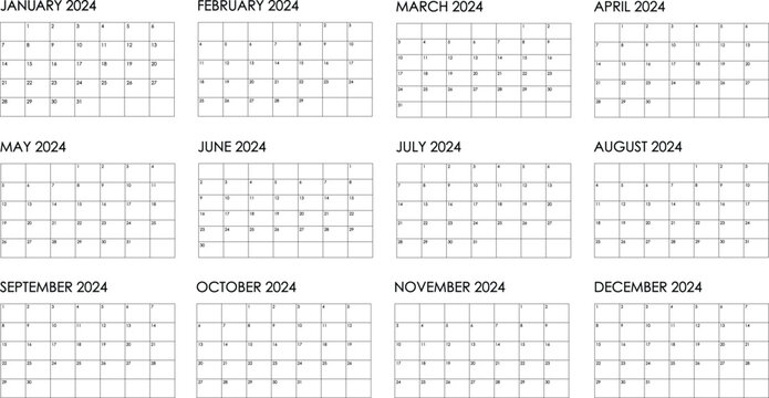 2024 year, 12 month yearly calendar. Simple black and white design