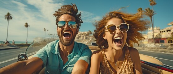 An enjoyable summer road journey with a youthful couple driving a convertible automobile in a vacation area with a panoramic banner . - obrazy, fototapety, plakaty