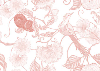 Obraz na płótnie Canvas Fantasy apple, flowers and bird, decorative flowers and leaves in art nouveau style, vintage, old, retro style. Seamless border pattern, linear ornament, ribbon Vector illustration. 