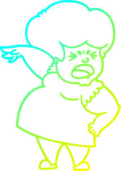 cold gradient line drawing of a cartoon angry woman