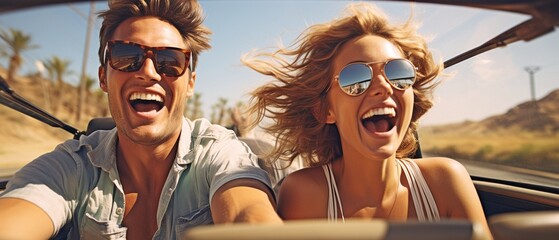 An enjoyable summer road journey with a youthful couple driving a convertible automobile in a vacation area with a panoramic banner .