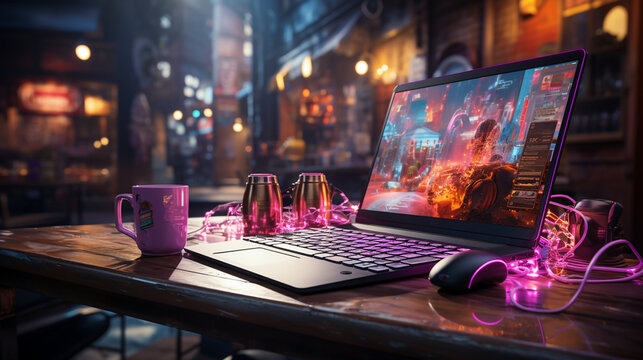 wide banner background image with gamer console workplace table with laptop computer screen and accessories in neon light effects, 
