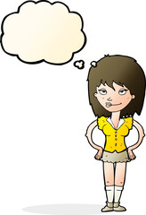 cartoon woman with hands on hips with thought bubble