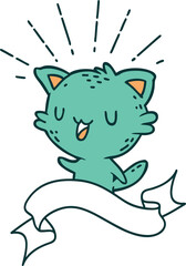scroll banner with tattoo style happy cat