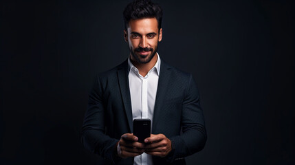 Man holding phone in hands portrait on isolated background - ai generative