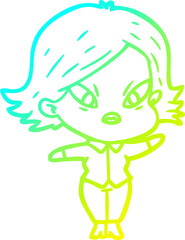 cold gradient line drawing of a cartoon stressed woman