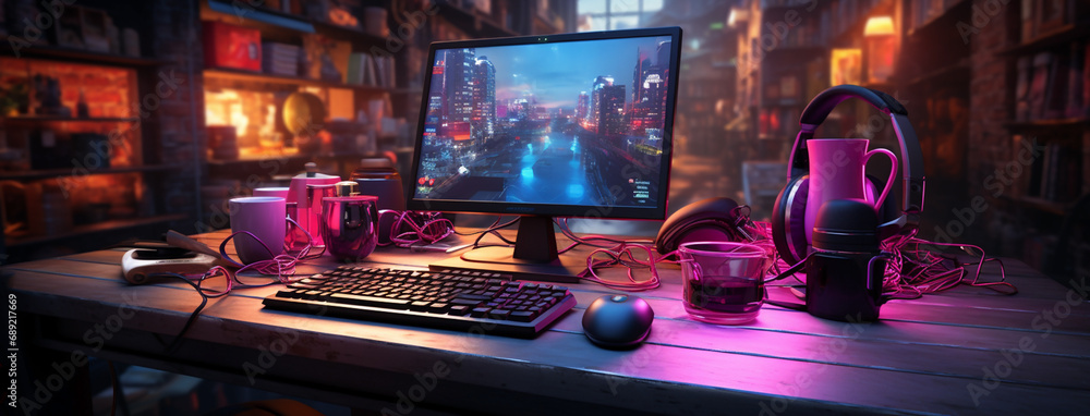 Poster wide banner background image with gamer console workplace table with desktop computer screen and acc