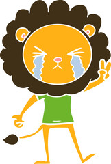 flat color style cartoon crying lion giving peace sign