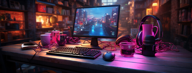 wide banner background image with gamer console workplace table with desktop computer screen and accessories in neon light effects, 