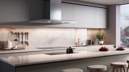 Modern kitchen interior, Gray kitchen with bar close up, Front view of a modern designer kitchen with smooth handleless cabinets with black edges