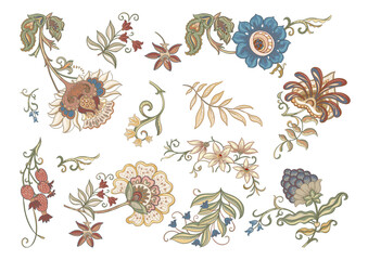 Fantasy flowers in retro, vintage, jacobean embroidery style. Millefleurs trendy floral design. Clip art, set of elements for design Vector illustration.
