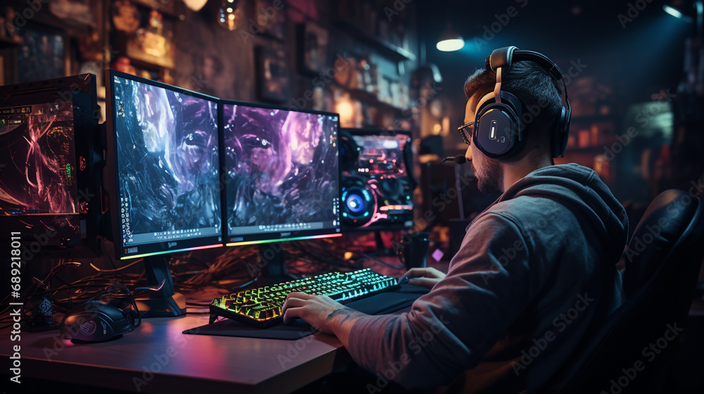 Aufkleber wide banner background image with gamer console workplace table with pc computer screen and accessor