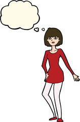 cartoon woman in dress with thought bubble