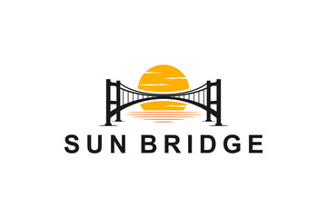 Suspension bridge logo silhouette with sunset light, simple minimalist design.