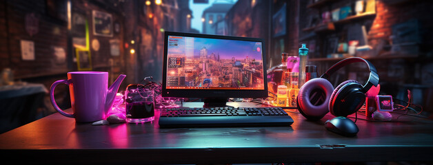 wide banner background image with gamer console workplace table with Pc computer screen and accessories in neon light effects,  - obrazy, fototapety, plakaty