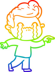 rainbow gradient line drawing of a cartoon man crying
