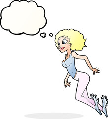 cartoon flying woman with thought bubble