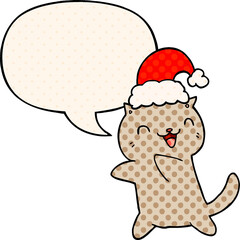 cute cartoon christmas cat with speech bubble in comic book style