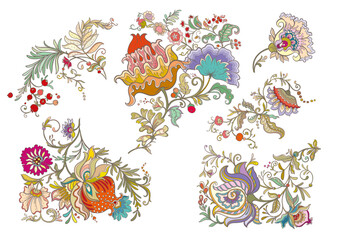 Obraz premium Fantasy flowers in retro, vintage, jacobean embroidery style. Clip art, set of elements for design Vector illustration.