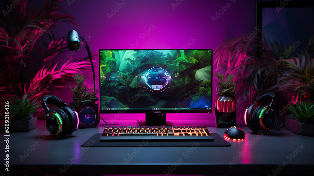 Fototapete wide banner background image with gamer console workplace table with Pc computer screen and accessories in neon light effects, 