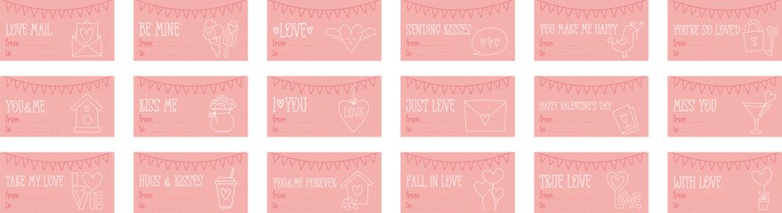 Valentines Day printable gift tags template in doodle style, hand-drawn love theme icons and quotes. Romantic mood, cute symbols and elements collection.