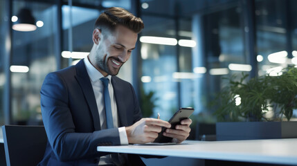 Naklejka na ściany i meble Businessman using his phone while working in a modern office