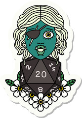 sticker of a half orc rogue with natural twenty dice roll