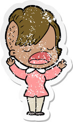 distressed sticker of a cartoon cool hipster girl talking