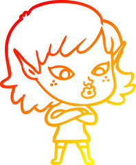 warm gradient line drawing of a pretty cartoon elf girl