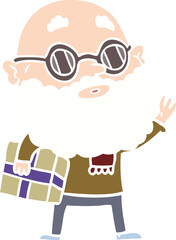 flat color style cartoon curious man with beard sunglasses and present