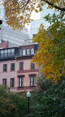 The beautiful campus autumn view with the colorful trees and leaves in the rainy day