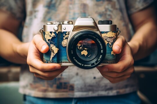 Globe-trotting blogger capturing a scenic moment, Iconic landmarks in the background, Blend travel elements with a camera or social media icon