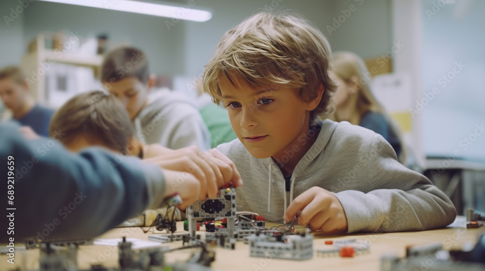 Poster intently working boy assembles robotics project in class