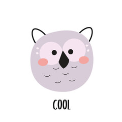 Cool Scandinavian owl for children print. Purple cartoon owl isolated.