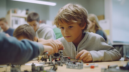 Intently working boy assembles robotics project in class