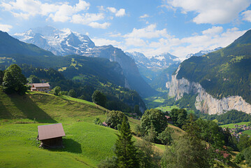 Fototapeta na wymiar view to Jungfrau mountain and Lauterbrunnen valley, swiss alps landscape