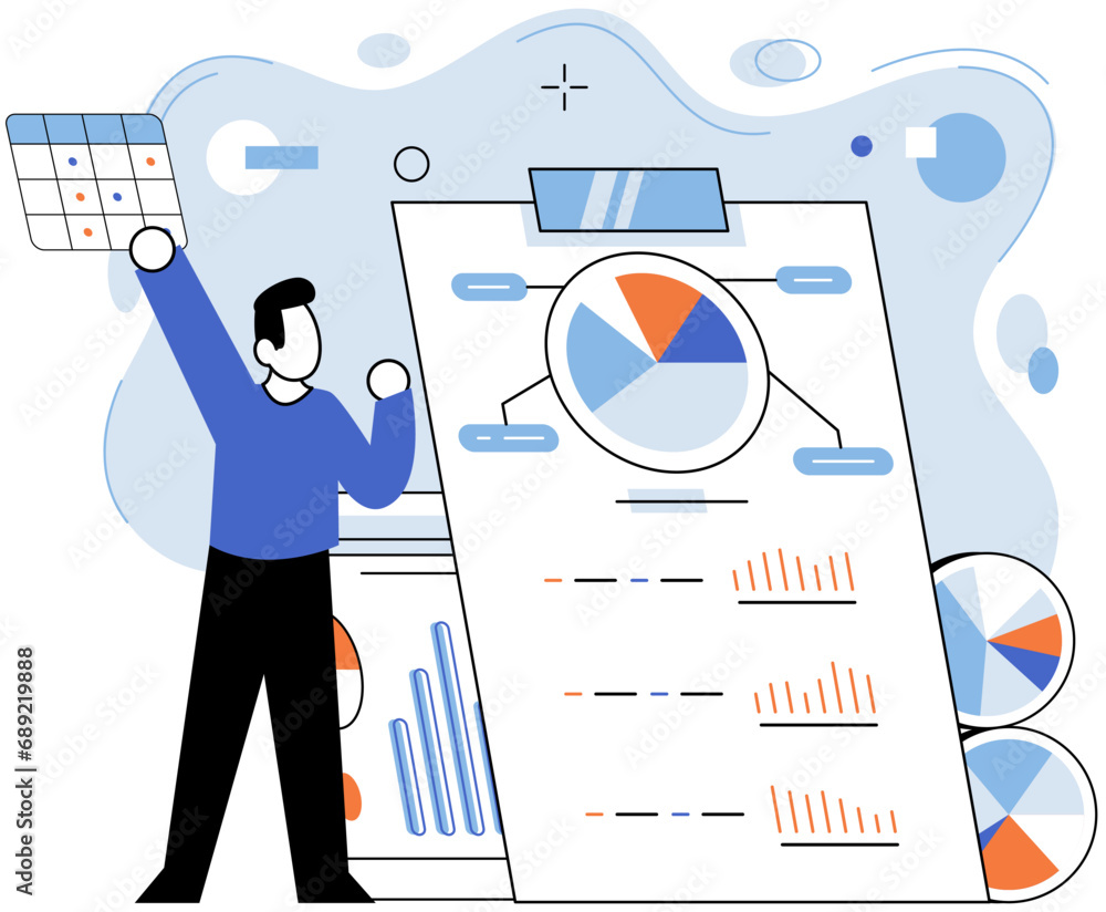 Poster business data analysis vector illustration. occupation finds meaning in language statistical investi