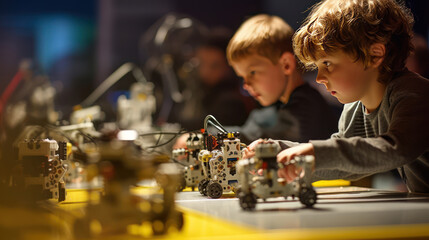 Children focused on intricate robotics projects