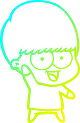 cold gradient line drawing of a happy cartoon boy waving