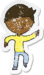 retro distressed sticker of a cartoon happy pointing