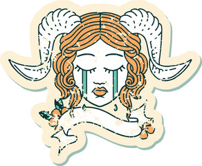 Retro Tattoo Style crying tiefling character face with scroll banner