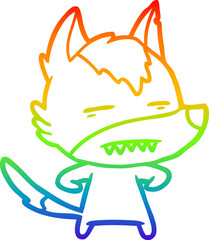 rainbow gradient line drawing of a cartoon wolf showing teeth