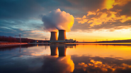 Nuclear power plant against sky by the river at sunset,generative ai - obrazy, fototapety, plakaty